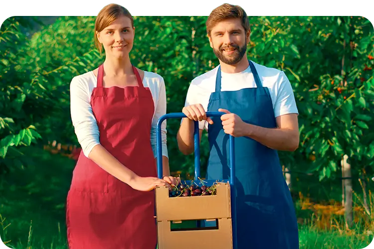 Mujer y hombre sosteniendo un carrito de cerezas en el campo
