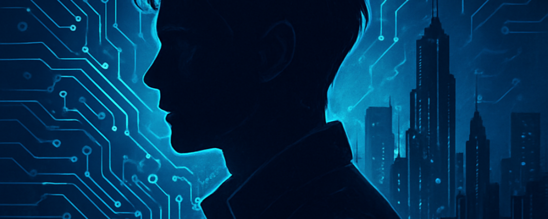 Perfil masculino en negro sobre un fondo de un circuito eléctrico en color azul