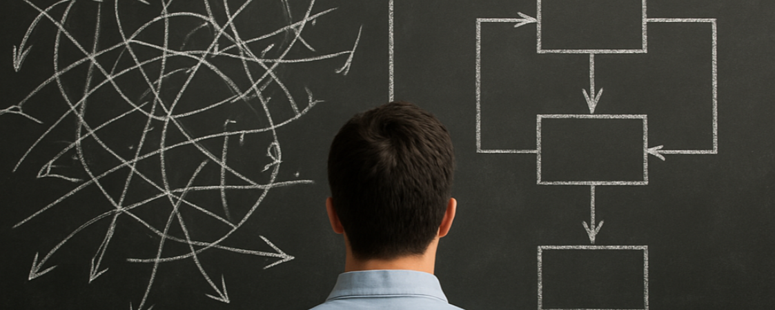 Hombre de espaldas mirando a una pizarra con gráficos