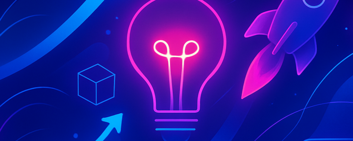 Dibujo de una bombilla en tonos púrpura sobre fondo azul con flechas y un cohete.