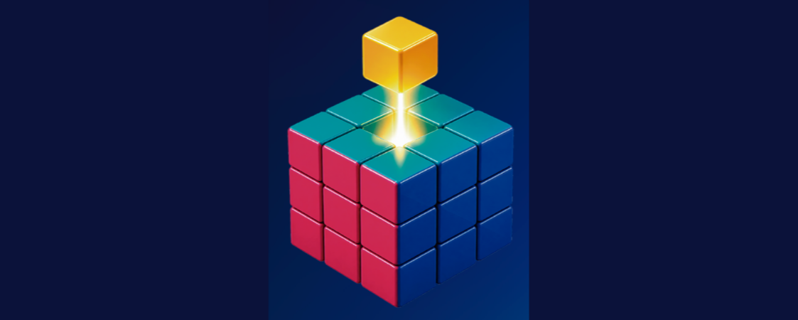 Cubo de Rubik con una pieza amarilla que sale disparada con una halo de luz.