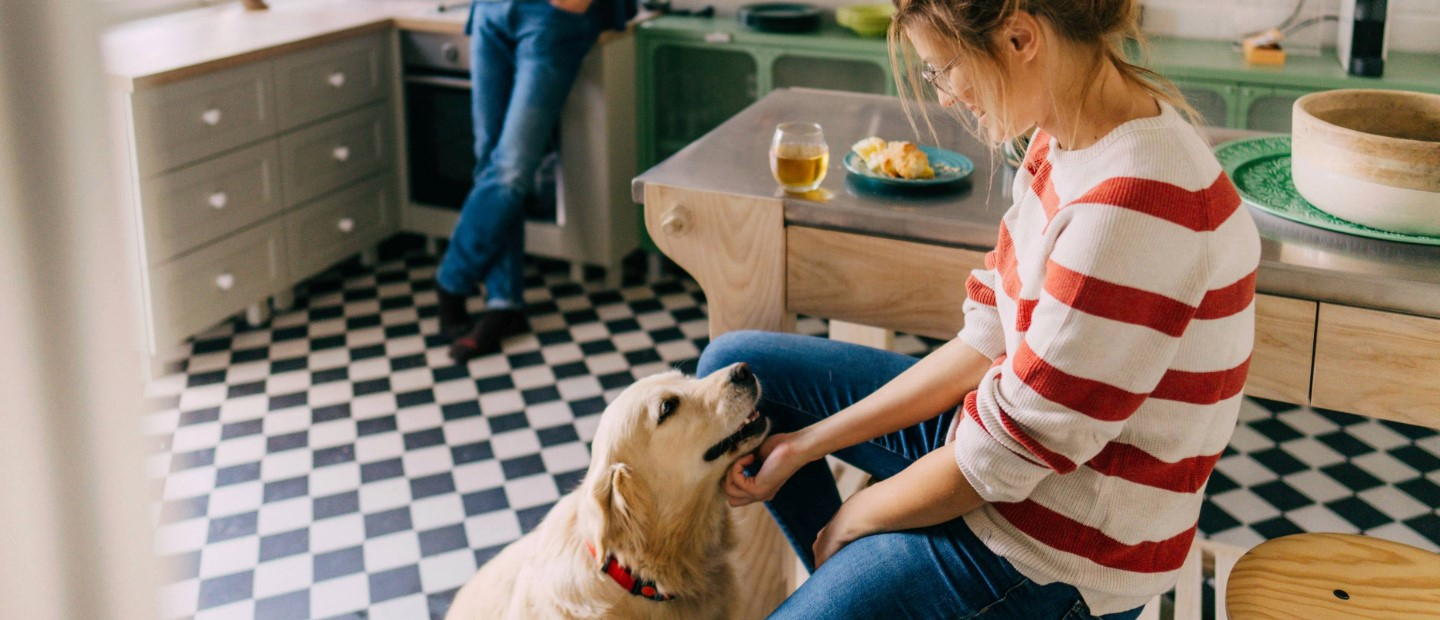 Foto mujer sentada acariciando a su perro
