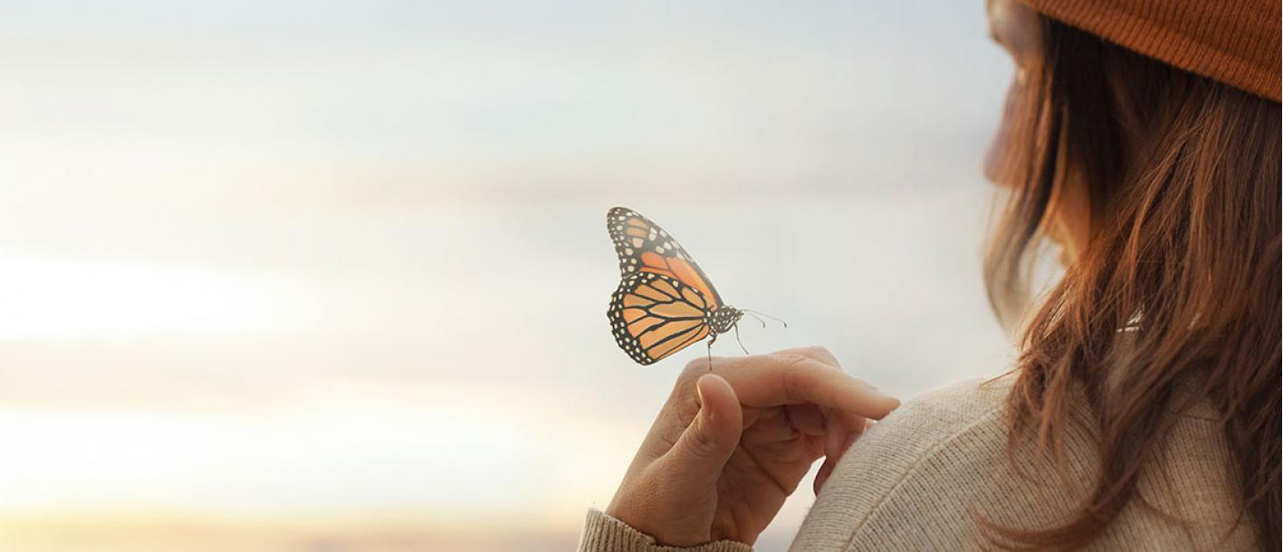 Imagen mujer sujetando una mariposa