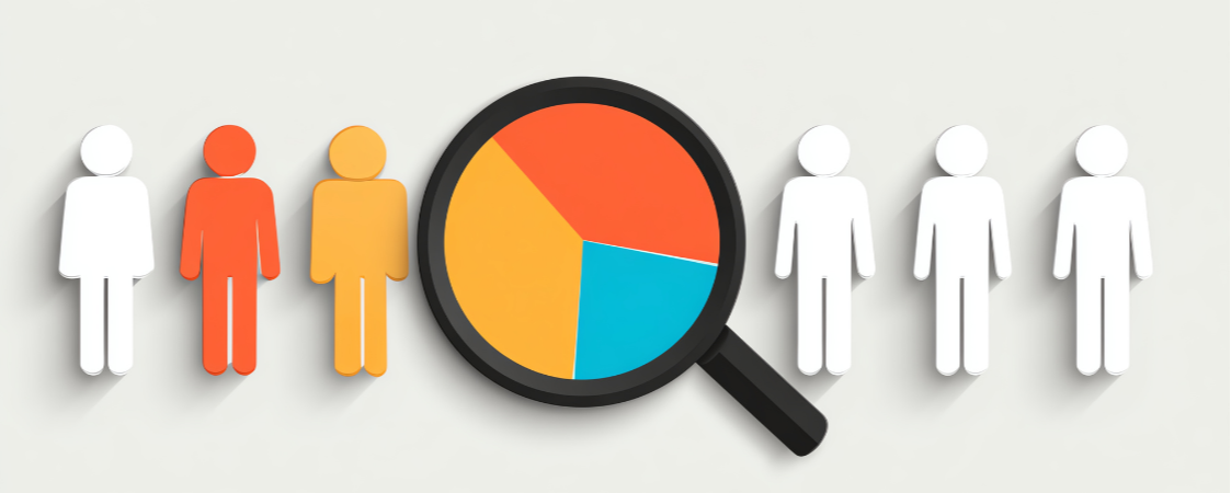 Iconos de personas y un gráfico circular bajo una lupa que simbolizan segmentación de audiencia