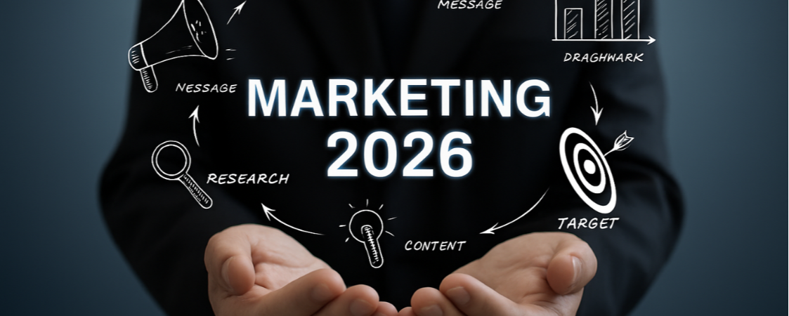 Manos mostrando gráficos e iconos digitales con el texto Marketing 2026
