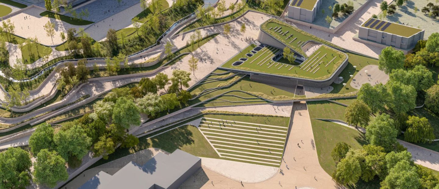 Recreación 3D del DAT Alierta, con el edificio central y las zonas verdes alrededor.