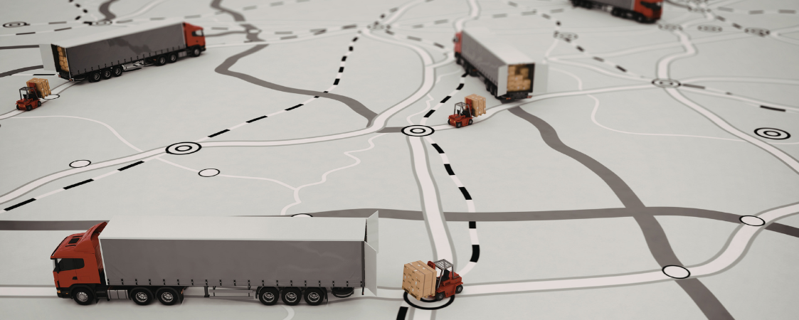 Dibujo de un mapa con carreteras y varios camiones en 3D.