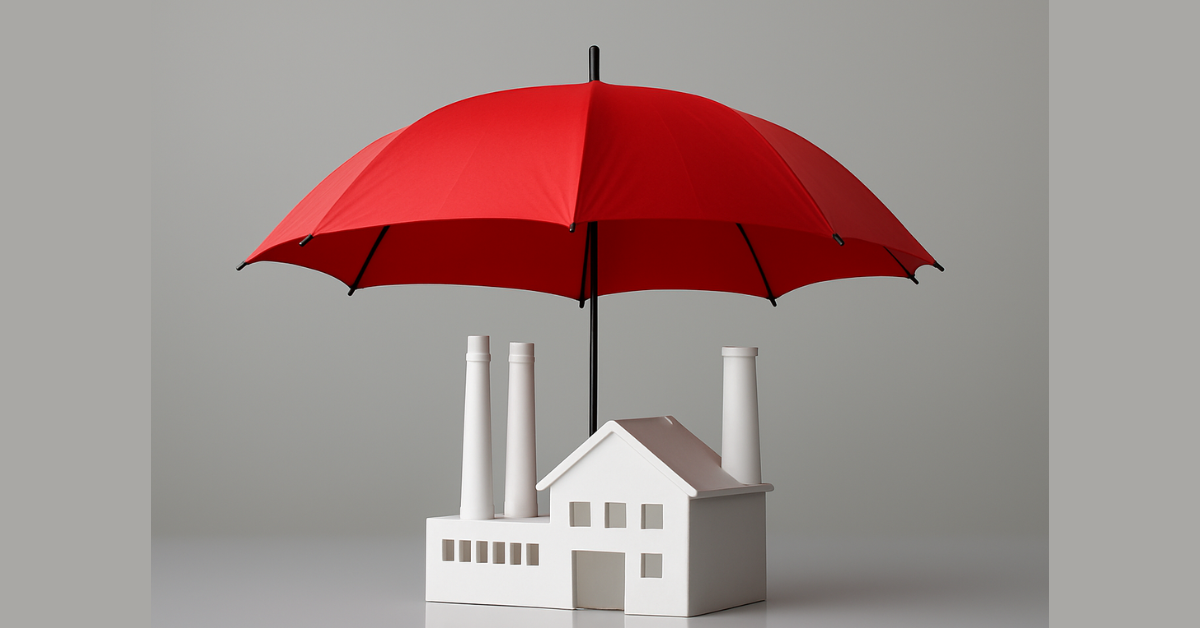 Maqueta de una fábrica en blanco con un paraguas rojo protegiéndola