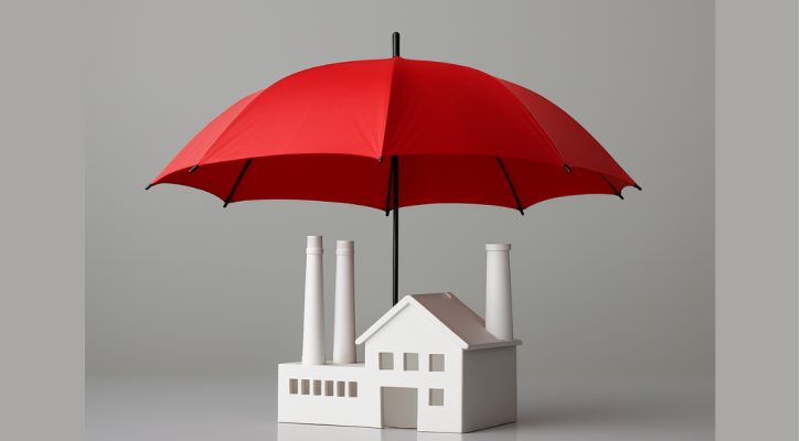 Maqueta de una fábrica en blanco con un paraguas rojo protegiéndola