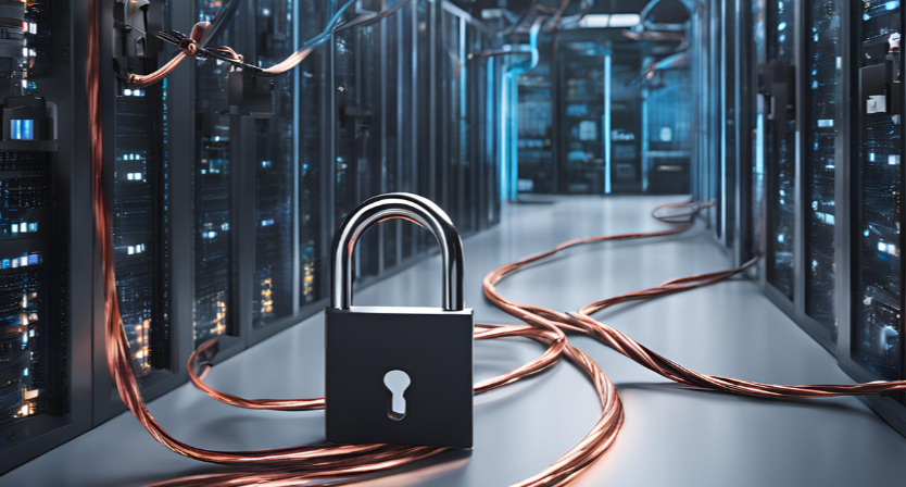 Centro de datos con servidores y un candado que simboliza la ciberseguridad y la protección de la información.
