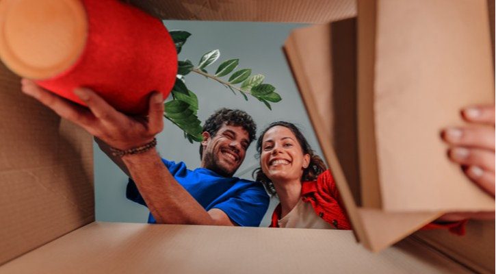 Jóvenes abriendo cajas en una mudanza