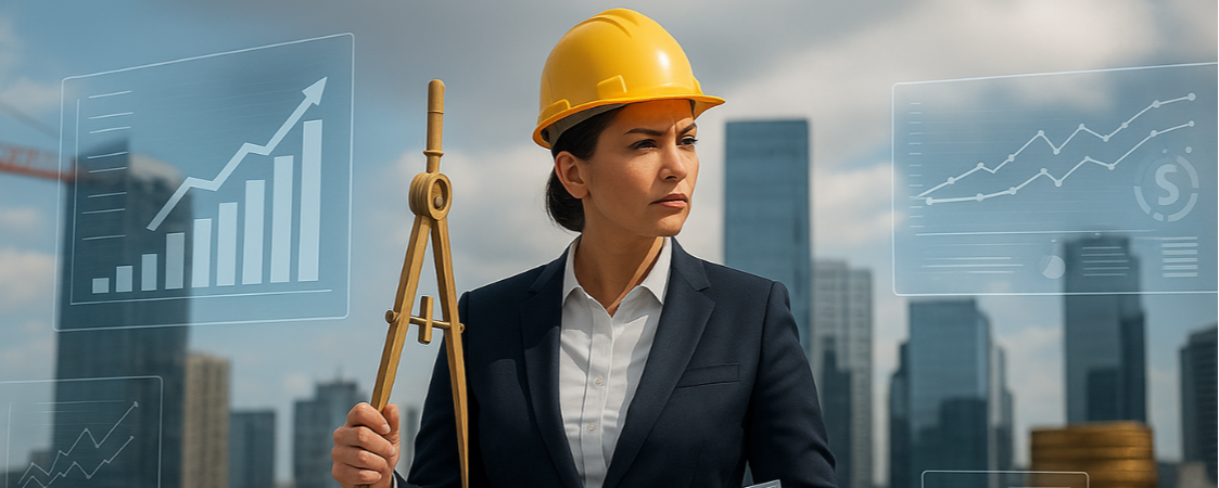 Ingeniera con casco amarillo sosteniendo compás frente a gráficos financieros y edificios modernos