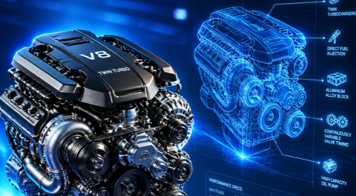 Motor V8 de aspecto real junto a su gemelo digital holográfico en color azul con indicaciones técnicas.
