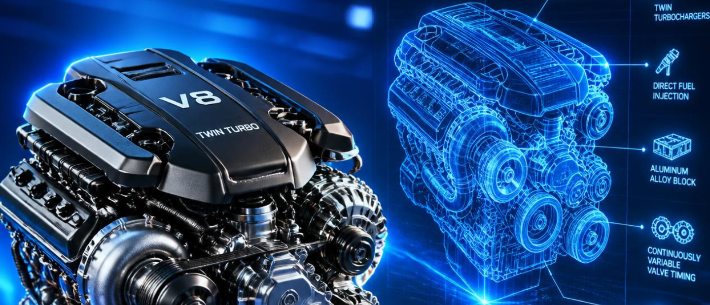 Motor V8 de aspecto real junto a su gemelo digital holográfico en color azul con indicaciones técnicas.